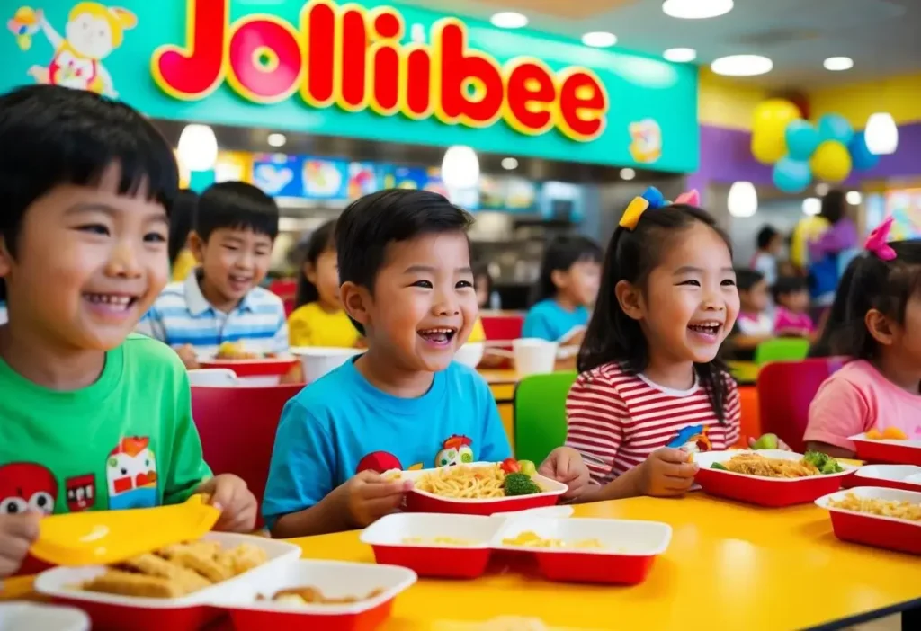 A colorful and lively Jollibee restaurant filled with happy children enjoying their Jollibee Kids Meals